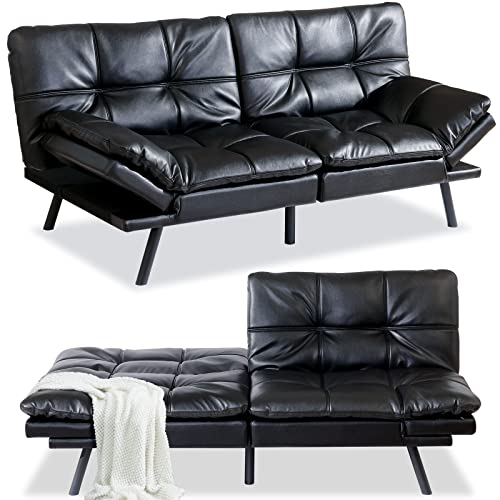 Opoiar Futon Sofa Bed,Faux Leather Convertible Sofa Bed,2 Seater Sofa Couch,Futon Couch,Memory Foam Sleeper Sofa With Quick Adjustable Armrest & Backrest For Compact Living Spaces,Black #TOP10