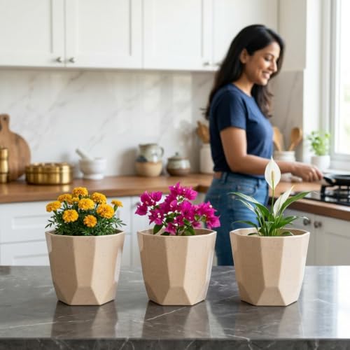 Image of YUCCABE ITALIA SHERA Hexa Round Plastic Flower Pot with Drainage Holes Planter Pot Suitable for Indoor Outdoor Kitchen Garden (Stone Beige, 8 Inch - 6 Pcs)