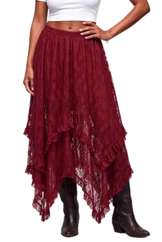 Lace Skirt for Women Asymmetrical Flowy Boho Maxi Skirts Red L
