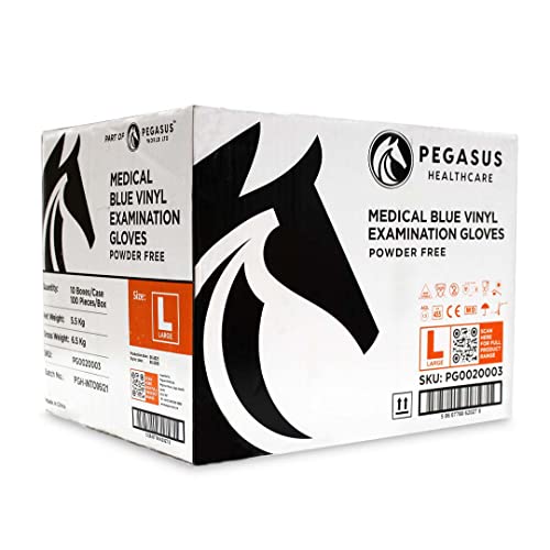 Pegasus Healthcare | 1000 guantes desechables de vinilo para examen | Color azul | sin látex y polvo | Tallas grandes
