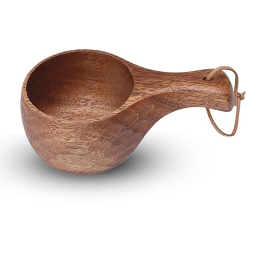 Wooden Camping Mug, Kuksa Wood Camp Mug with Leather Lanyard Nordic Style Wood Mug Drinking Cup Portable Hiking Tableware(#1)