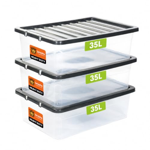SAFARIPAK 3 x 35 Litre Underbed Clear Plastic Storage Boxes with Lids Clip-Lock Lid Sturdy Stackable Space Saving Box Lidded Containers for Home Kitchen Moving Garage Office & Organisation
