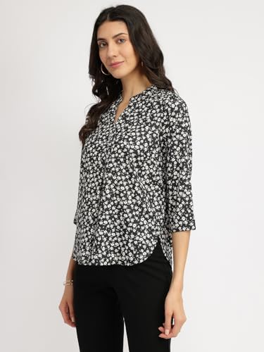 Image of FableStreet Women Shirt Work & Casual | Relaxed Fit Mandarin V-Neck Three-Quarter Sleeves Solid Pattern | Breathable Woven Fabric for Office & Everyday Wear