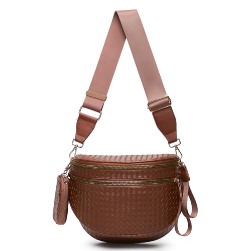 Woven Bum Bags for Women Vegan Leather Crossbody Bag with Coin Purse, Trendy Fanny Packs with Adjustable Wide Strap, Spacious Sling Shoulder Purse for Trave
