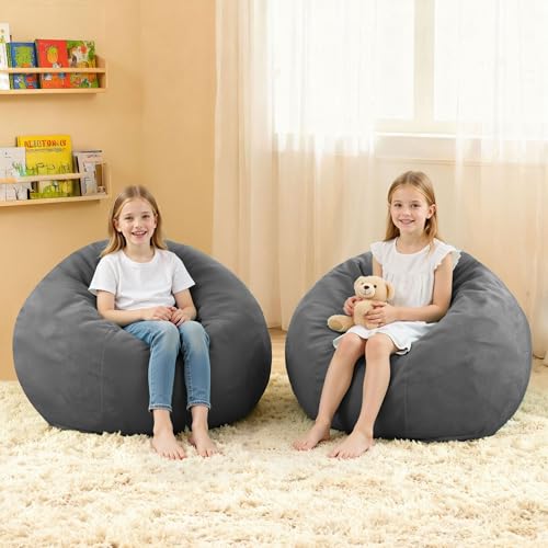 Image of HABUTWAY 2FT Bean Bag Chair 2-Pack, 2' Beanbags Small Bean Bag Chairs with Filling, Teardrop Bean Bag Chair Luxurious Velvet Ultra Soft Fur with Removable Cover(Grey)