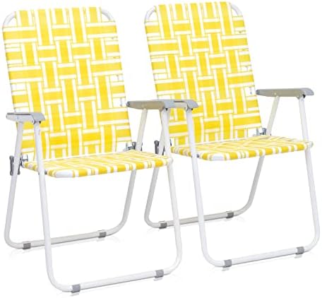 Kcelarec Set of 2 Patio Folding Lawn Chair, Outdoor Beach Chair Portable Camping Chair, Webbed Folding Chair for Yard, Garden (Yellow)