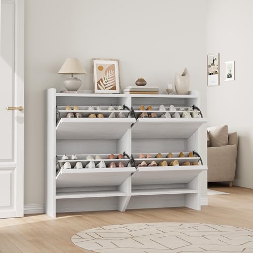 GarveeHome Shoe Cabinet with 4 Flip Drawers, Wooden Shoe Organizer Cabinet with Adjustable Shelf, Shoe Storage for Entryway, Hidden Shoe Cabinet for Hallway, Living Room, White