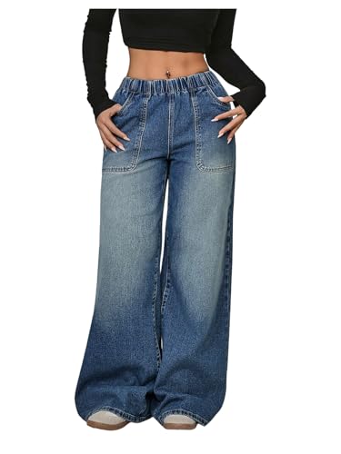OYOANGLE Women's Elastic Waist Jeans Casual Loose Fit Wide Leg Low-Rise Denim Baggy Jeans with Pocket