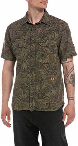 Replay Herren Hemd Kurzarm aus Baumwollmix, Khaki With Print Leaves 010 (Grün), XS