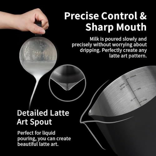 Image of watchget 50oz Milk Frothing Pitcher Stainless Steel Espresso Steaming Jug | Clear Internal Scale, Milk Coffee Cappuccino Latte Art Barista Steam Pitchers,Barista Coffee Bar Accessories, 1500ml, Black