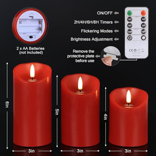 Image of Battery Operated Candles, Real Wax Red LED Candle Flickering Flameless Candles with Remote, 3D Wick Fake Candles for Christmas, Thanksgiving, Home Decor, Party, Gifts, Set of 3, D3 inchx H4 inch /5 inch /6 inch