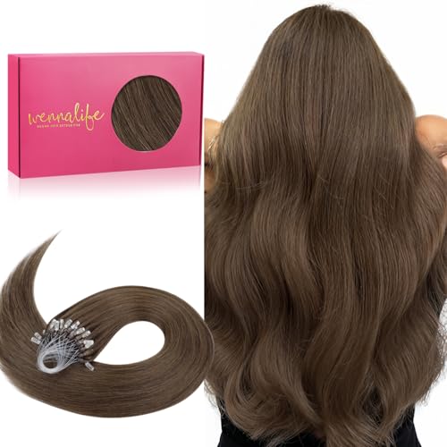 Image of WENNALIFE Microlink Hair Extensions Human Hair, 50g 50s 18 Inch Muted Light Brown Brunette Remy Hair Microbead Micro Link Microloop Microring Invisible Natural Fusion Installation