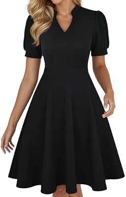 Mokayee Black Dress for Women – Summer Short‑Sleeve V‑Neck A‑Line with Pockets, Semi‑Formal Swing St...