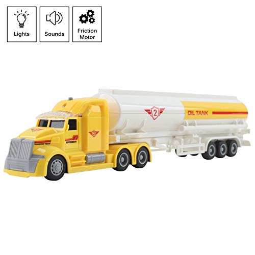 Vokodo Toy Semi Truck Fuel Trailer 14.5" Friction Powered With Lights And Sound Kids Push And Go Big Rig Oil Carrier Vehicle Transporter Semi-Truck Pretend Play Car Great Gift For Children Boys Girls #TOP7