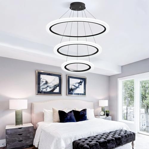 dolria Modern LED Chandelier, 3 Ring Chandelier for Dining Room Living Room Pendant Lighting Fixture High Ceiling Hanging LED Pendant Ceiling Light Fixture for Bedroom Foyer （Black） by dolria - Image 5