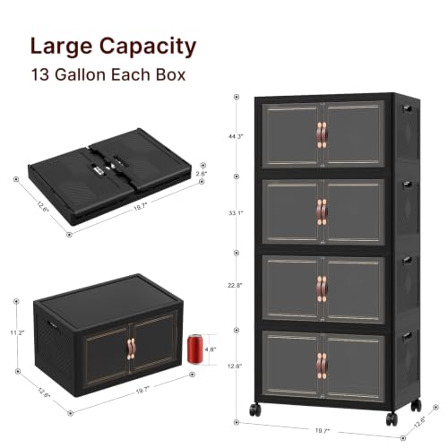 Image of UAMFURI Stackable Storage Bins with Lids, 192QT Closet Organizers, Lockable Storage Cabinet,Foldable Storage Box with Doors and Wheels, Plastic Drawers for Home, Garage, Office (4, Black, Medium)