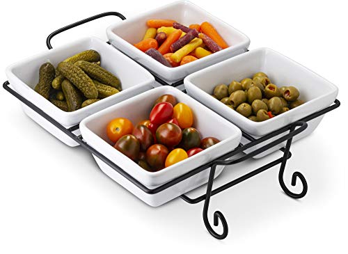 4-Piece Condiment Dish, Serving Set with Metal Rack, Ceramic Make, Great for Vegetables