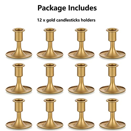 Gold Taper Candle Holder Set Of 12, Hewory Short Skinny Brass Candlestick Holders, Vintage Small Low Metal Candles Sticks For Wedding Centerpieces Christmas Birthday Party Holiday Dinning Table Decor #TOP6
