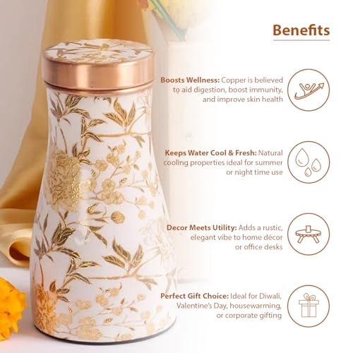 Image of Copper Festive Water Bottle Set of 1 for Home Decor Gifts| Copper Water Bedside Bottle | 850 ml Diwali Gift for Family and Friends | Gift Items for Home Decoration