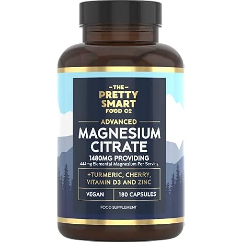 Magnesium Citrate 1480mg - 180 Vegan Magnesium Capsules not Magnesium Tablets - with Turmeric, Zinc, Vitamins D3 & B6 - High Absorption Premium Magnesium Supplements - 90 Day Supply - UK Made Cover