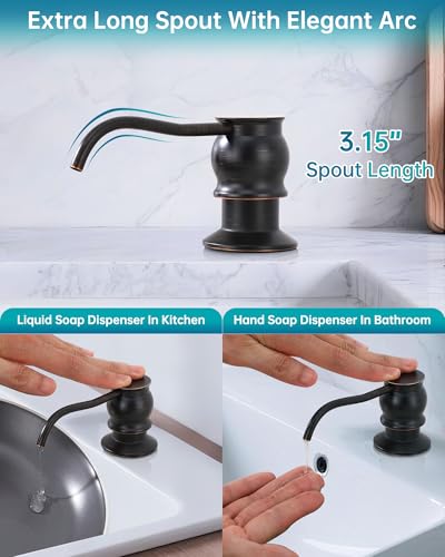 Image of Brass Kitchen Soap Dispenser, Oil Rubbed Bronze in Sink Liquid Dish Soap Dispenser, Under Sink Hand Metal Dispenser Pump, 47.2 inch Silicone Long Tube for 0.79 inch- 1.38 inch Bottle Mouths