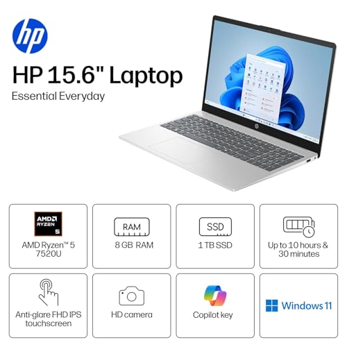 Image of HP 15.6 inch Touchscreen Business & Home Laptop, AMD Ryzen 5 7520U, 8GB RAM, 1TB SSD, Webcam, HDMI, Lifetime Office 365 for the Web, Win11 Home, Silver, Bundle with PCO Notebook Fold Radiator, Cooler