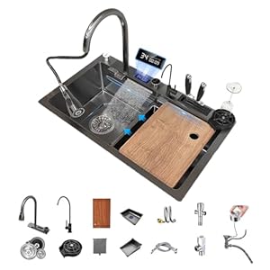 Digital Display Waterfall Sink Single Bowl kitchen Sinks, Stainless Steel Bar Sink With Pull Down Sprayhead Faucet, Smart Modern Kitchen Sink With Full Set Of Accessories (29.5 x 17.7inch)