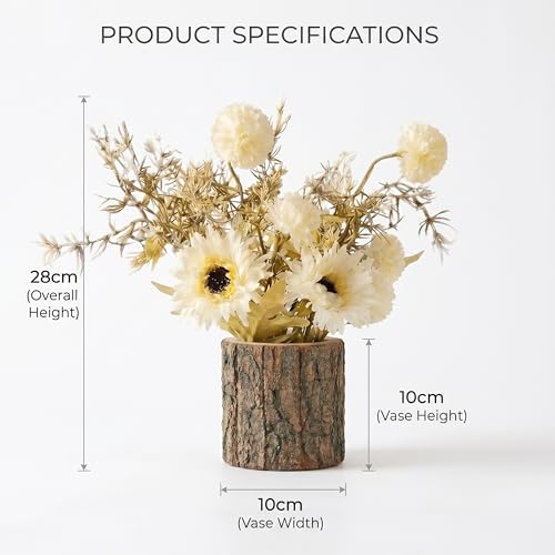 Image of Dekorly Artificial White Dry Daisy Flower with Real Wooden Vase (28CM Overall Height) | Decorative Lifelike Faux Floral Plant in Rustic Tree Log Pot for Living Room (White Dry Daisy)