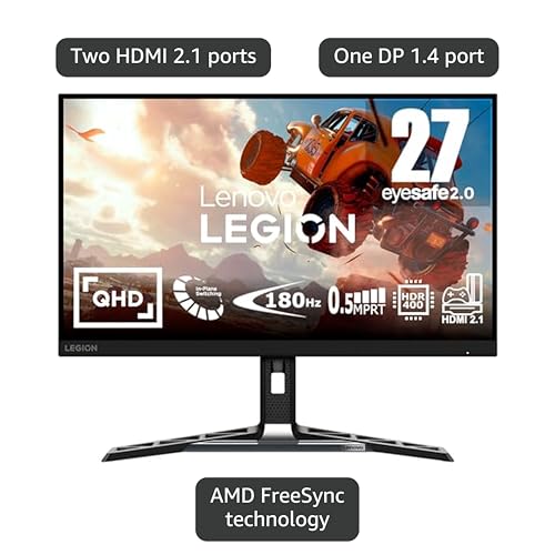 Lenovo Legion R27qe | 27' QHD Gaming Monitor | 2560x1440 | 180Hz | 450 nits | 0,5ms Reaktionszeit | HDMI | DisplayPort | AMD FreeSync | schwarz