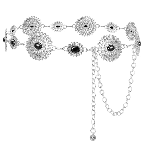 Kezoic Turquoise Waist Chain Belt for Women Cowgirl Concho Metal Belt Premium Body Belly Belt for Concerts, Festivals, Cosplay, Daily Wear - White