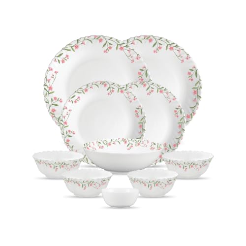 Image of La Opala Opal Glass Crockery | for Family of 2 | Dinner Set 10 pcs Spring Meadows | Plates & Bowls for Dining | Microwave Safe | 100% Vegetarian | Extra Strong | Extra Light & White