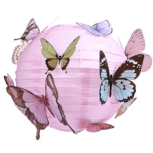 LIHAO 25cm Papier Lampion Lampenschirm mit Schmetterling Rund Laterne Classic Bamboo Style Gerippter Lampenschirm Deko für Party Garten Hochzeit Dekoration (Rosa)