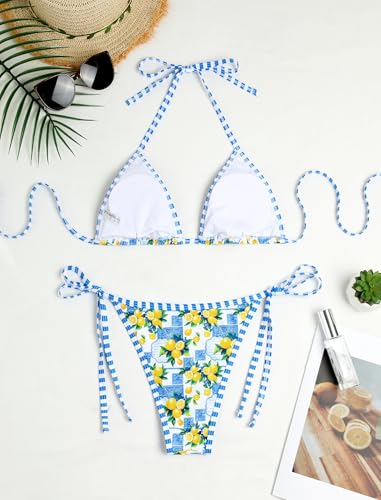 Image of ZAFUL Womens Printed Triangle Bikinis 2 Piece Halter Bikini Sets High Cut Bathing Suit Side Tie Swimsuits