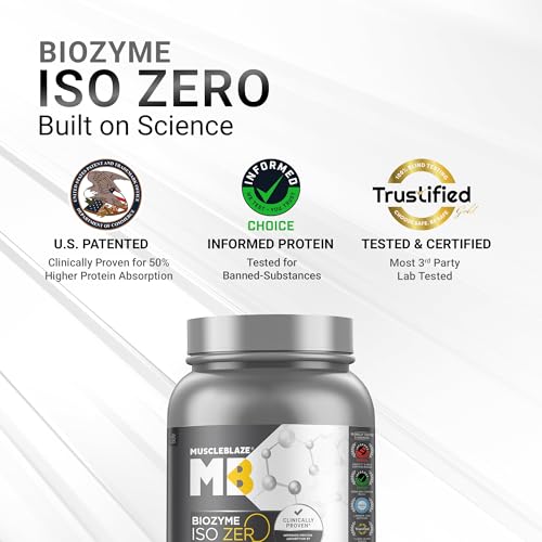 Image of MuscleBlaze Biozyme Iso-Zero Whey Protein Isolate Powder, 1kg (2.2lbs) | Blue Tokai Cafe Latte | 27g Whey Protein Per Scoop | USA Patent-Published Enhanced Absorption Formula (EAF)