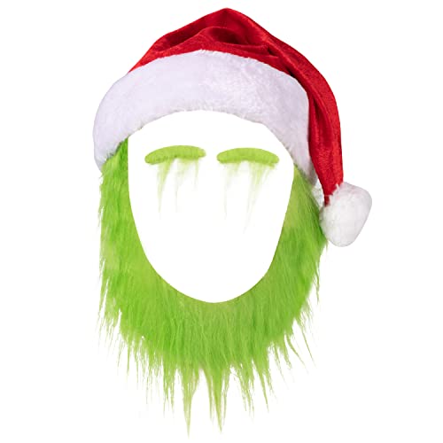 Q1nopo 3PCS Green Christmas Monster Cosplay with Furry Beard for Adult, Santa Hat with Green Beard for Kids, Green Christmas Monster Hat with Green Eyebrows for Christmas Party, Furry Green Costume