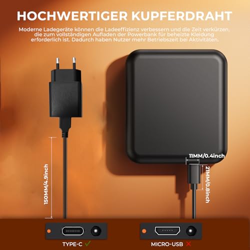 Beheizte Weste Akku Ladegerät Kompatibel mit ORORO Burngogo SOLJIKYE Rasfalo Vapesoon Heizjacken, Kapuzenpullis, Handwärmer, Sitz, Socken, Schal, Handschuhe 5V 2A Ersatz USB Strom Netzteil Kabel
