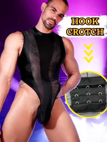 Mens Sexy Lingerie, Hook Crotch Thong High Cut Bodysuit Top Rave Outfit, Glossy Mock Neck Sheer Singlet Muscle Suit4