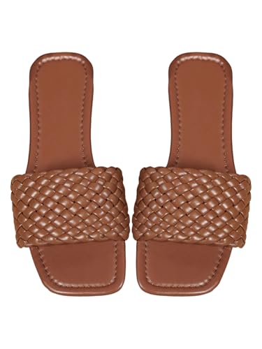 Women's Braided Square Open Toe Flat Sandal Vintage Slip On Leather Sandals