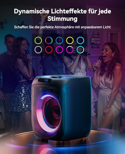 Karaoke Maschine mit 2 Mikrofonen Tragbare PA Anlage mit Fernbedienung Karaoke Box mit LED-Lichtern, Bluetooth Musikbox, FM Radio, TWS, TF/USB/AUX für Indoor/Outdoor Party