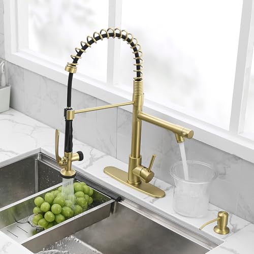 Image of Fapully Commercial Kitchen Sink Faucet with Pull Down Sprayer Brushed Gold