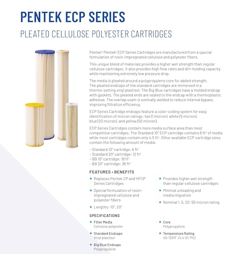 Image of Pentair Pentek ECP5-10 Sediment Water Filter, 10-Inch, Under Sink Pleated Cellulose Polyester Replacement Cartridge, 10 inch x 2.5 inch, White End-Cap, 5 Micron, Pack of 2