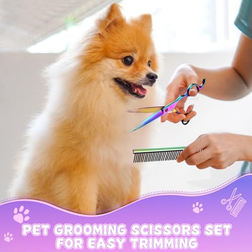 Image of Moontay Professional 7.0 inch Pet Grooming Scissors Set, 4-Pieces 440C Japanese Steel Straight & Curved & Thinning & Chunker Shears /Scissors with 1 Grooming Comb for Dog Cat and More Pets, Multicolour