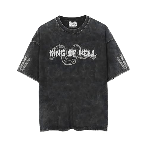 Image of King of Hell Graphic Oversized T-Shirt, 260 GSM | Mens Oversized Cotton & Anime T-Shirt | Edgy Streetwear Inspired Vintage Wash Tee with Dragon Artwork