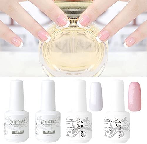 Vishine French Manucure Kit Vernis à ongles Semi-permanent Blanc Rose Couleur + Base Top Coat + Tips Guide Nail Art