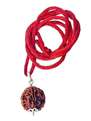 Image of Siddha 4 /Four Mukhi Pure Rudraksha, Laboratory Certified, Carefully Capped with Silver Between Nepalese Beads with Handmade Tassel, Size 16mm-22mm, Color-Brown (4 Mukhi Silver Rudraksha)