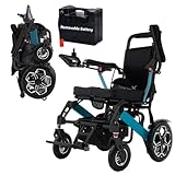 Foldable Electric Wheelchair, Folding Power Chair, Mobility Chair, 20 KM Removable Lithium Battery, 2 X 200W Brushless Motor,19 KG Lightweight, Electro Magnetic Brake, Aluminium Frame, Arm Rest, Blue