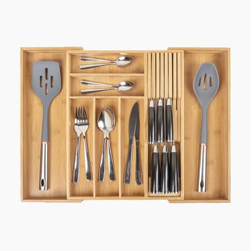 Peak Prime Bamboo Silverware Drawer Organizer for Kitchen Expandable Utensil Holder & Cutlery Tray with Adjustable Tableware Dividers and Removable Knife Block Flatware Storage Insert for Drawers