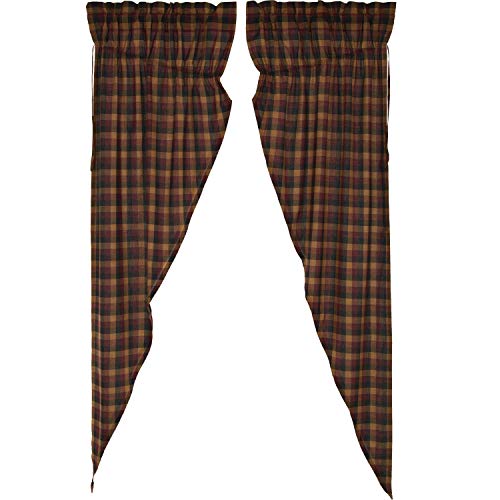 VHC Brands Heritage Farms Check Cotton Primitive Curtains Rod Pocket Drawstring Ties Prairie Panel Pair Burgundy Red