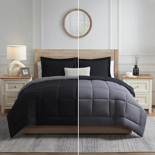 Image of Nestl 2 Piece Quilted Down Alternative Comforter Twin Size With 1 Pillow Sham - All Season Black /Grey Duvet Insert With Corner Tabs