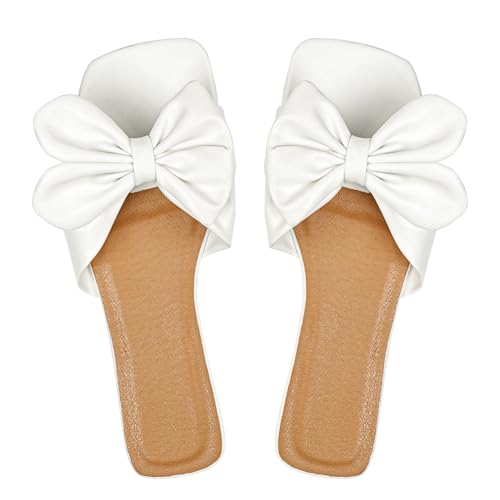 Women's Bow Flat Sandals Dressy Square Open Toe Sandals Slip On Slide